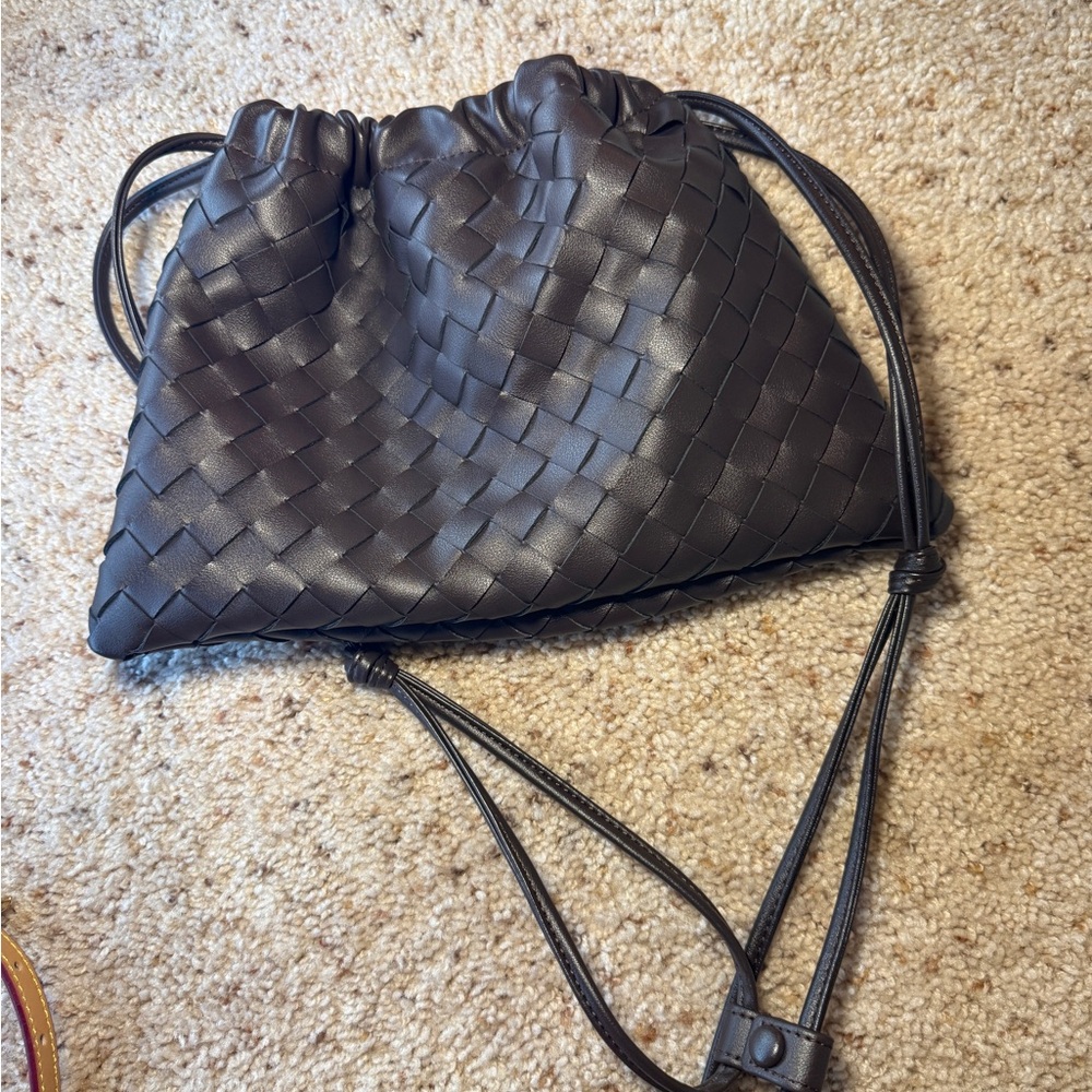 Woven Leather Drawstring Bag - Chocolate Brown (No Branding)